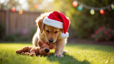 Golden Retriever Puppy Wearing Santa Hat