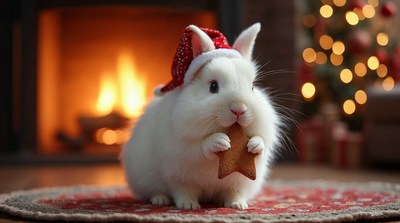 White bunny in Santa hat eating gingerbread