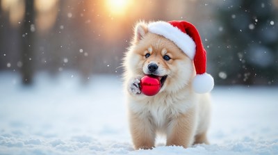 Pomeranian puppy with Santa hat and red ball