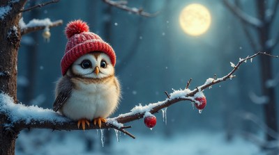 Cute Owl Wearing Red Knit Hat