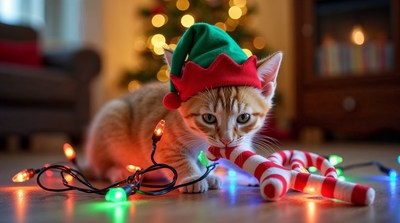 Kitten in elf hat with candy cane