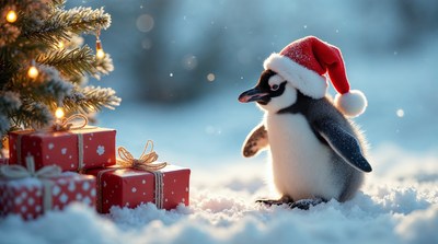Penguin in Santa hat with Christmas gifts