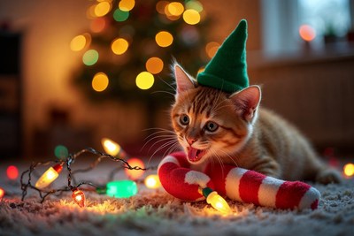 Kitten in elf hat with candy cane