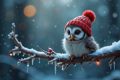 Owl wearing red knitted hat on snowy branch
