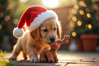 Golden Retriever Puppy Wearing Santa Hat