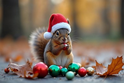 Squirrel in Santa hat with Christmas ornaments