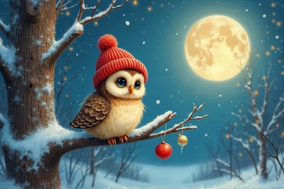 Cute Owl in Red Knit Hat on Snowy Tree