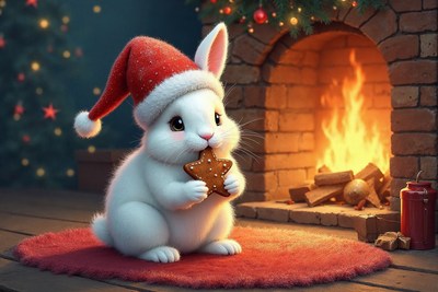 Cute Santa Bunny Eating Gingerbread by Fireplace