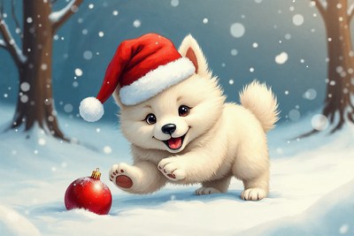 Pomeranian puppy playing with Christmas ornament