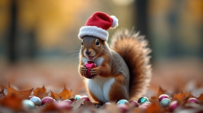 Squirrel in Santa hat holding ornament