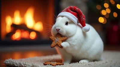 White bunny in Santa hat eating gingerbread