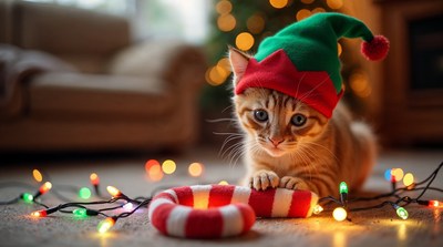 Kitten in elf hat with Christmas lights