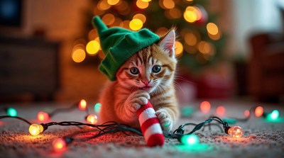 Kitten in elf hat with candy cane