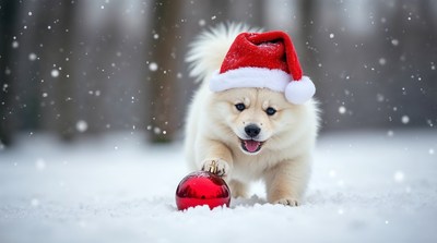 Pomeranian puppy with Santa hat playing red ornament snow