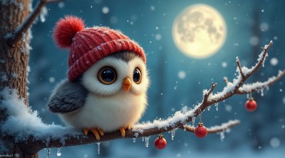 Cute baby owl in red knitted hat