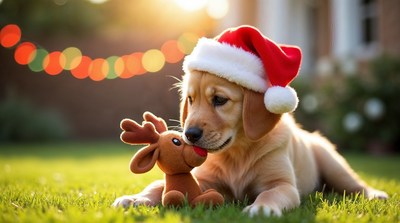 Golden Retriever Puppy with Reindeer Toy