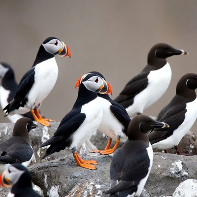 Group of puffins on rocky cliff