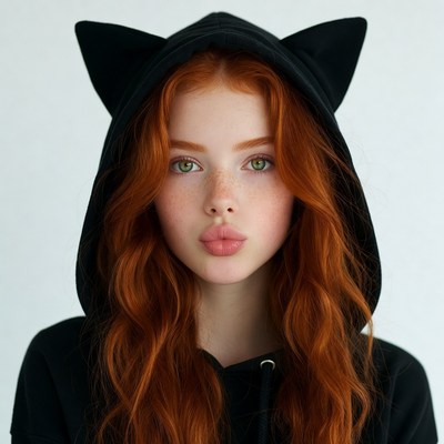 Redhead woman in cat ear hoodie
