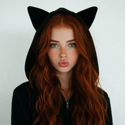 Redhead girl in cat ear hoodie