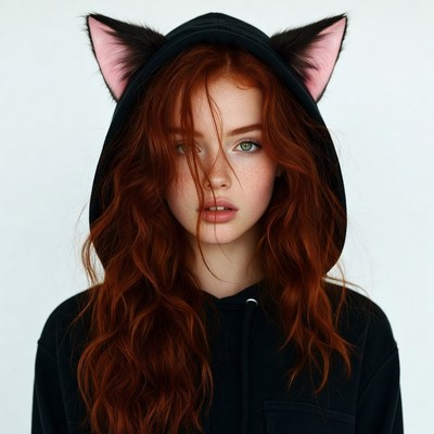 Redhead woman in cat ear hoodie
