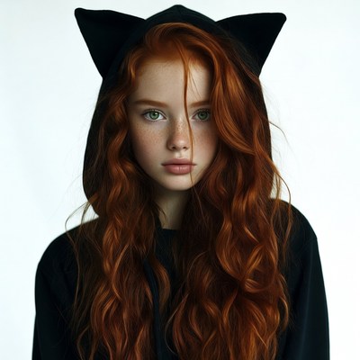 Redhead girl in cat ear hoodie