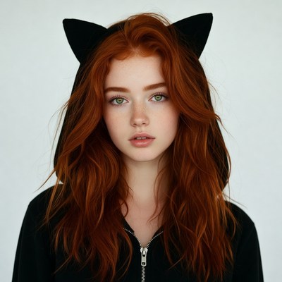 Redhead girl with cat ears