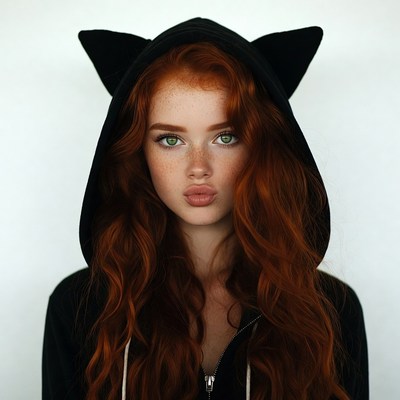 Redhead woman in cat ear hoodie