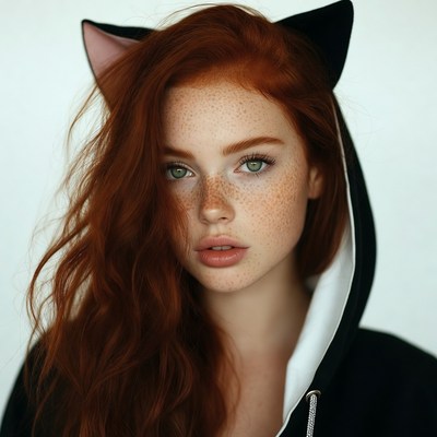 Redhead woman in cat ear hoodie