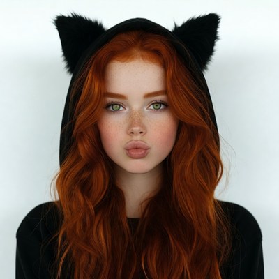 Redhead girl in cat ear hoodie