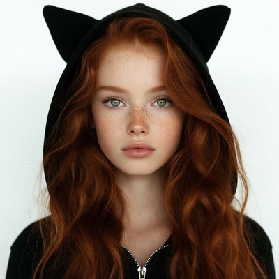 Redhead girl in cat ear hoodie