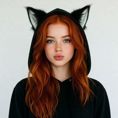 Redhead girl with black cat ear hoodie