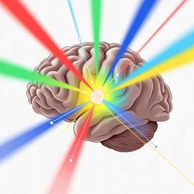 Brain with colorful light beams