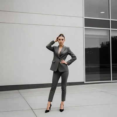Woman in gray suit posing outside