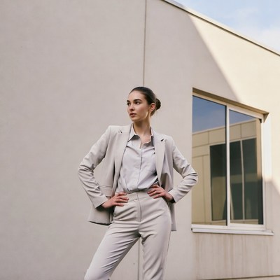 Woman in beige suit standing confidently