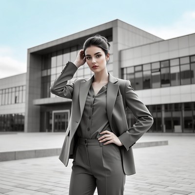 Woman in gray suit outside modern building