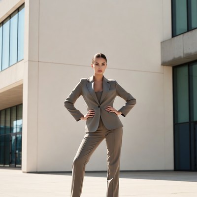 Woman in gray suit standing confidently