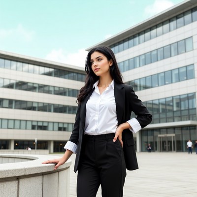 Business woman in black suit outdoors