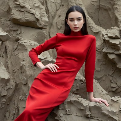 Asian woman in red dress on rocks
