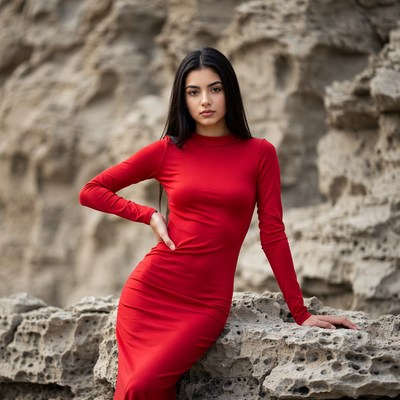 Woman in red dress on rocks