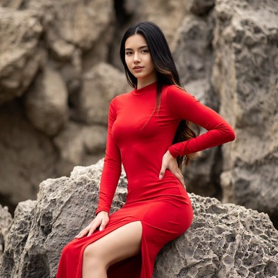 Asian woman in red dress on rocks