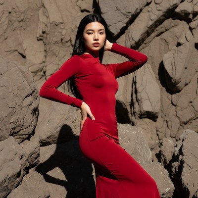 Asian woman in red dress by rocks