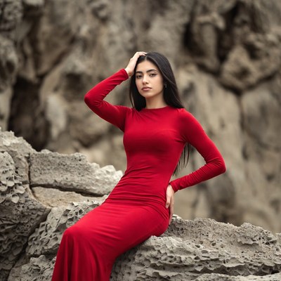 Woman in red dress on rocks