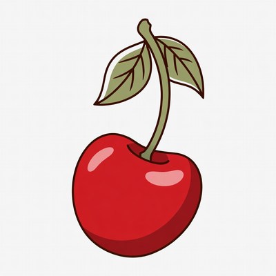 Red Cherry with Stem and Leaf