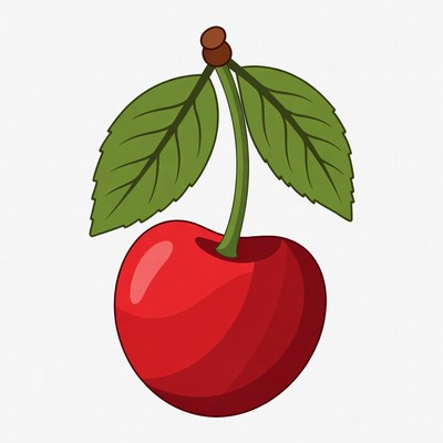 Red Cherry with Stem and Leaves