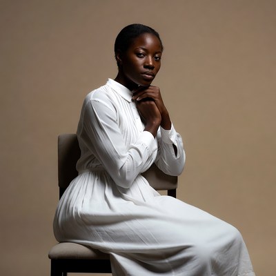 African-American woman sitting in white dress