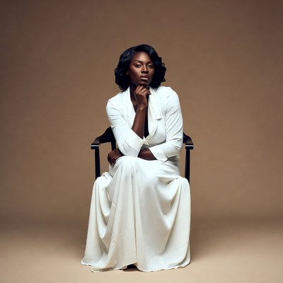 African-American woman in white dress sitting