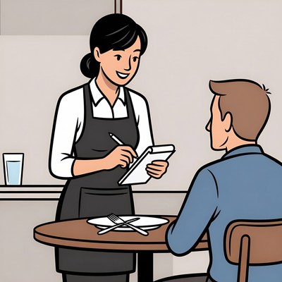 Waitress serving customer at table