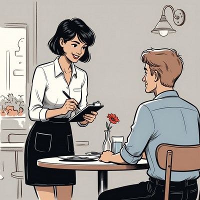 Waitress serving man at cafe table