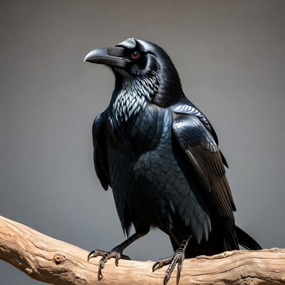 Raven perched on wooden branch