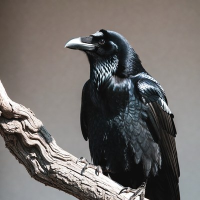 Black raven perched on branch